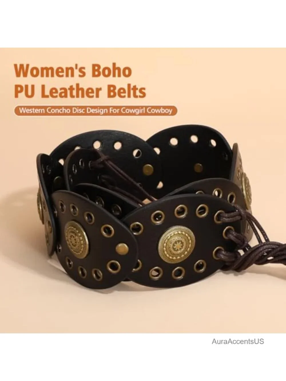 Women's Boho Disc Belt Concho Western Cowgirl Wide Vintage Faux Leather Waist